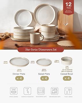 Richmount Star Plates and Bowls Set, Stoneware 12 Pieces Dinner Set for 4, Dinnerware Sets with Dinner Plates/Salad Plate/Cereal Bowls, Dishwasher & Microwave Safe, Cappuccino White