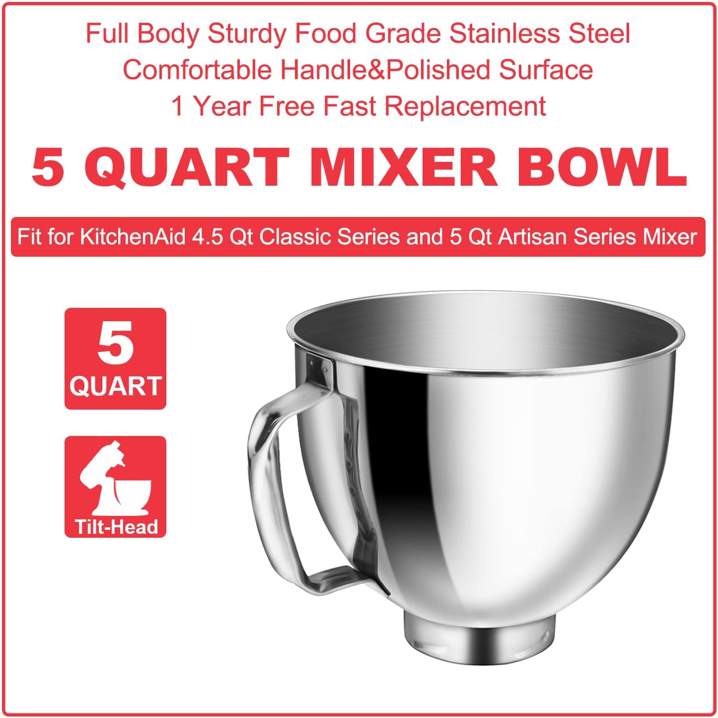 Stainless Steel Bowl for KitchenAid Classic&Artisan Series 4.5-5 QT Tilt-Head Mixer, 5 Quart 304 Stainless Steel Bowl with Handle, Dishwasher Safe