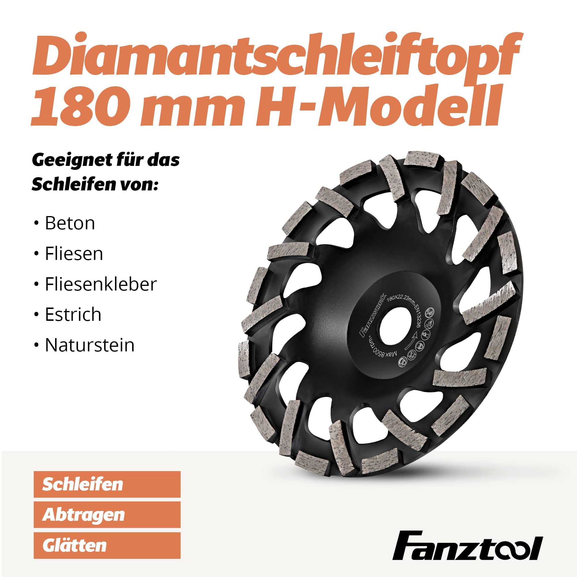 FANZTOOL Disco de diamante 180 x 22,2 mm, modelo H para hormigón, universal, con orificio grande para lijadora
