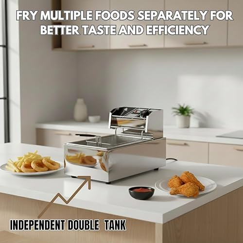 Miniatura 7 de Freidora eléctrica de 6 litros de acero inoxidable de un solo tanque comercial con canasta, control de temperatura de 2500 W, freidora de encimera