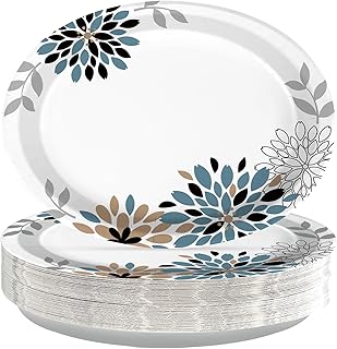 50Pcs Dahlia Pinnata Flower Paper Plates 10" x 12" Large Heavy Duty Blue Dahlia Platters Blue Gray Vintage Floral Dessert Themed Plates for Fall Holiday Wedding Birthday Party Supplies