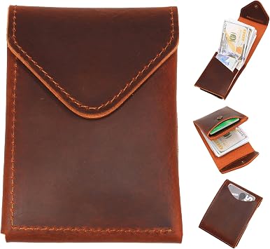 Leather Cash Wallet for Men - Slim Card Holder - Handmade Minimalist Front Pocket Wallet- Flap Wallet - Full Grain Leather Reddish Brown