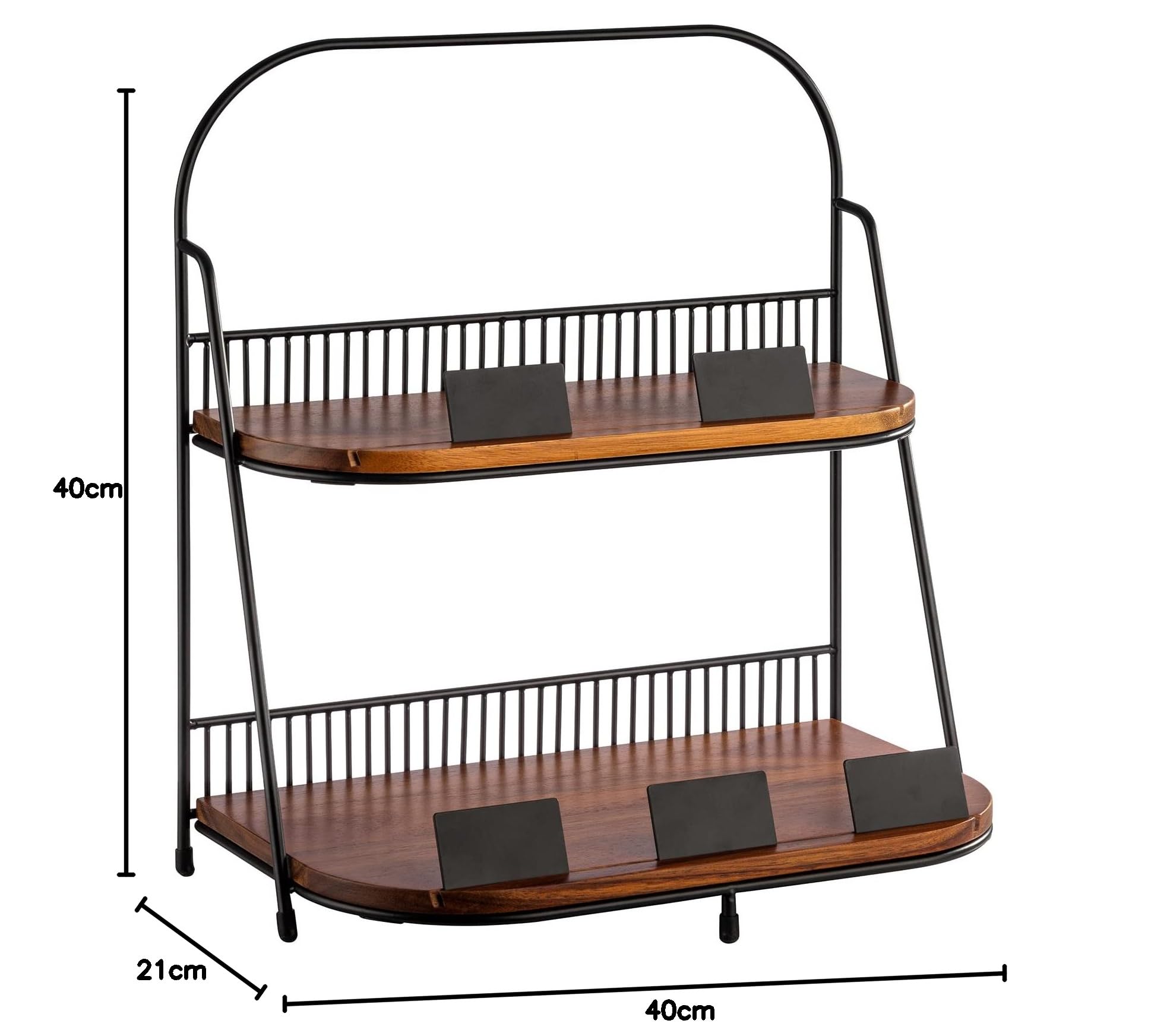 APS Étagère à 2 niveaux 35,5 x 21 cm, hauteur 40 cm - 1 cadre en métal noir avec pieds antidérapants - 2 planches en bois d'acacia : 34,5 x 20,5 cm