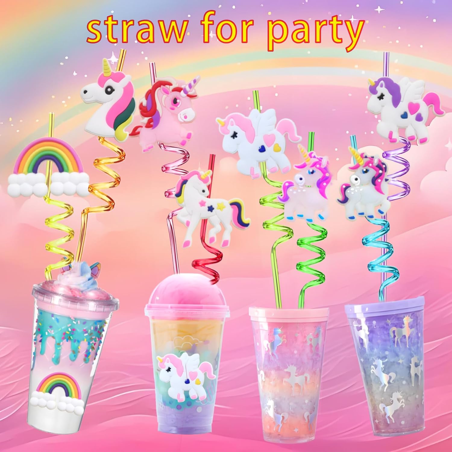 24 Reusable Unicorn Drinking Plastic Straws for Girls Boys Birthday Party