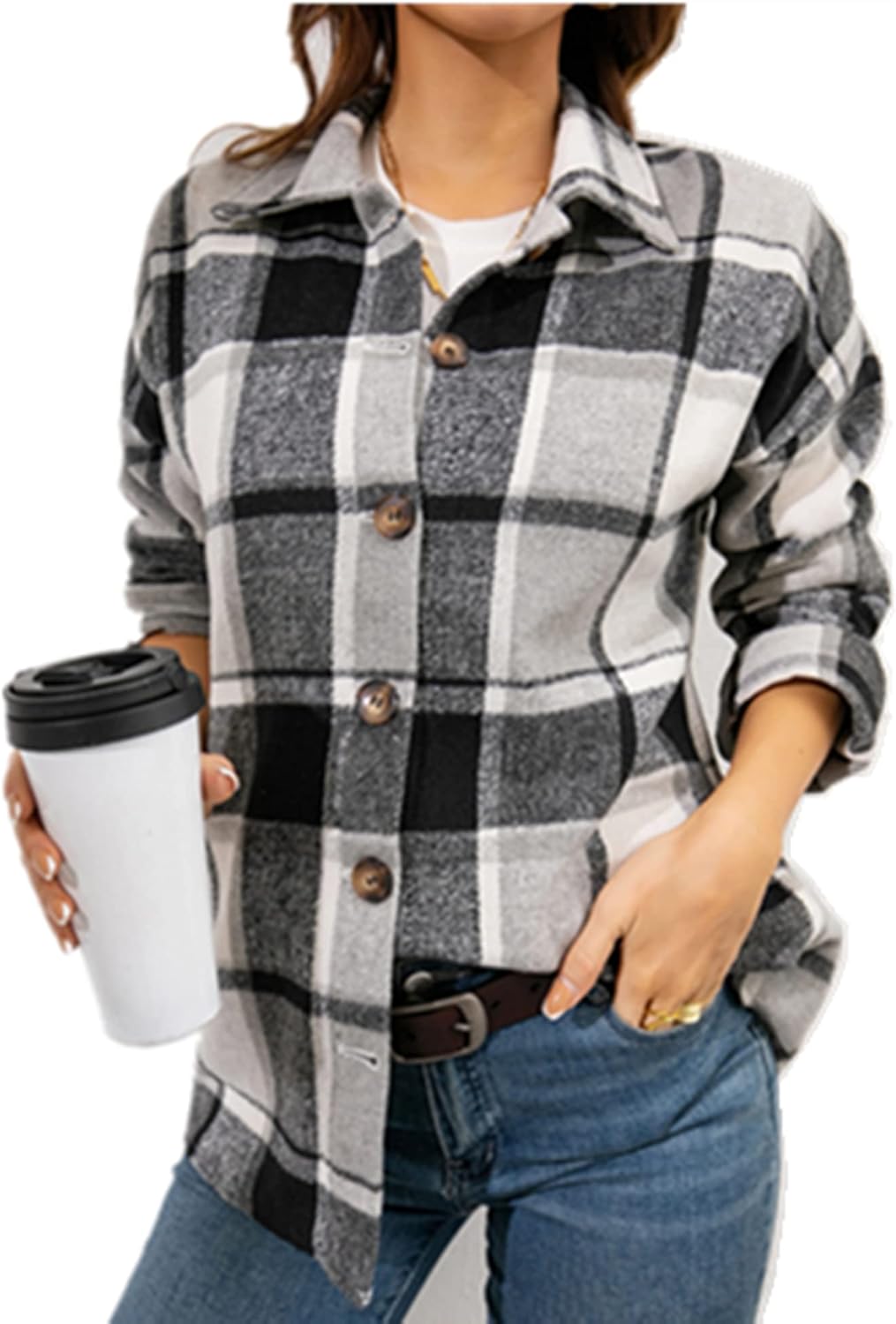 Blansdi Women’s Casual Plaid Flannel Shacket Jacket Oversized Button Down Long Sleeve Fall Shirt Jacket Coat Tops