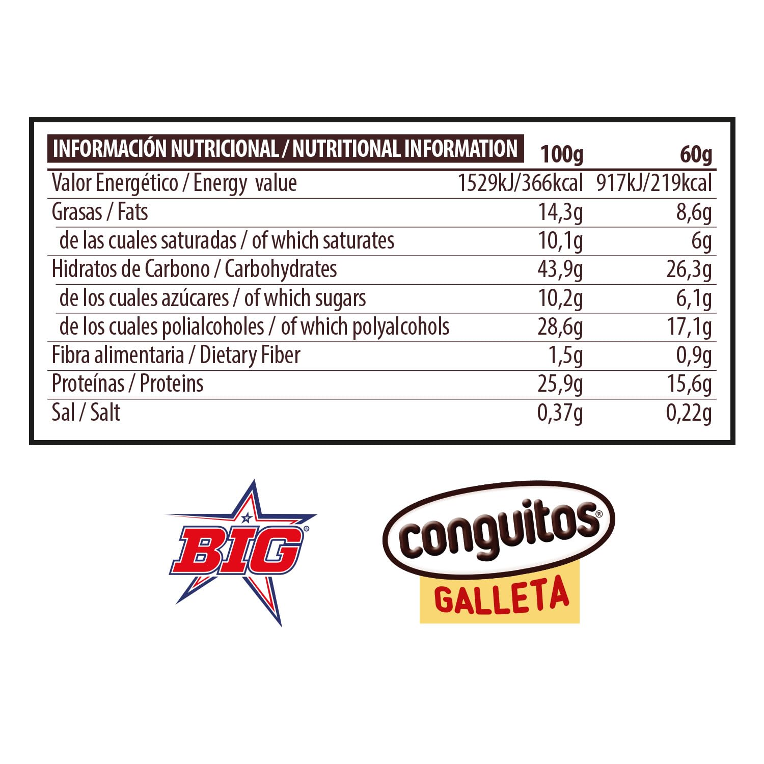 BIG - Barritas Proteina con Toppings de Conguitos Dark Galleta 25 gr Proteina por Barra - Pack 15 Barritas x 60 gr - Barras Alta en de Proteinas con Chocolate con Leche - Ideal para Dieta Deportiva