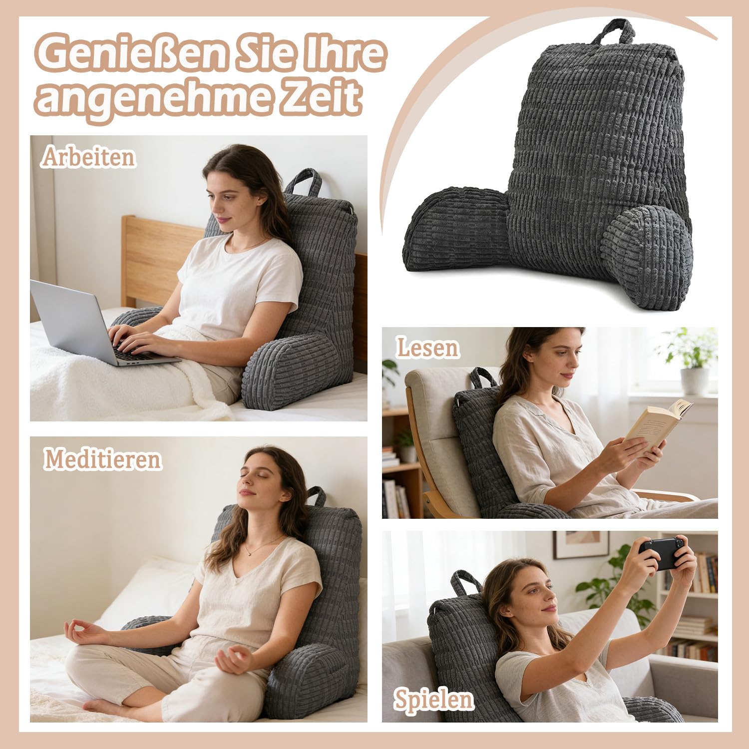 Lesekissen für Bett Und Sofa, Rückenkissen Sofa für Erwachsene mit Armlehne, RückenstüTze Abnehmbar und Waschbar, Rückenlehne zum Lesen mit Tasche für Bett, Couch, Boden, Stuhl (Dunkelgrau)