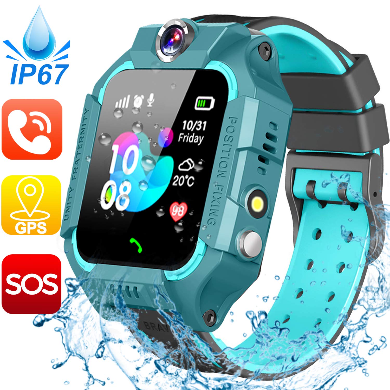 Waterproof Kids Smart Watch - GPS Tracker Smartwatch Phone for Boys Girls - Smart Watch with SOS Two-Way Call Games Touch Screen Digital Wrist Watch Holiday Toys Birthday Gifts (Green)
