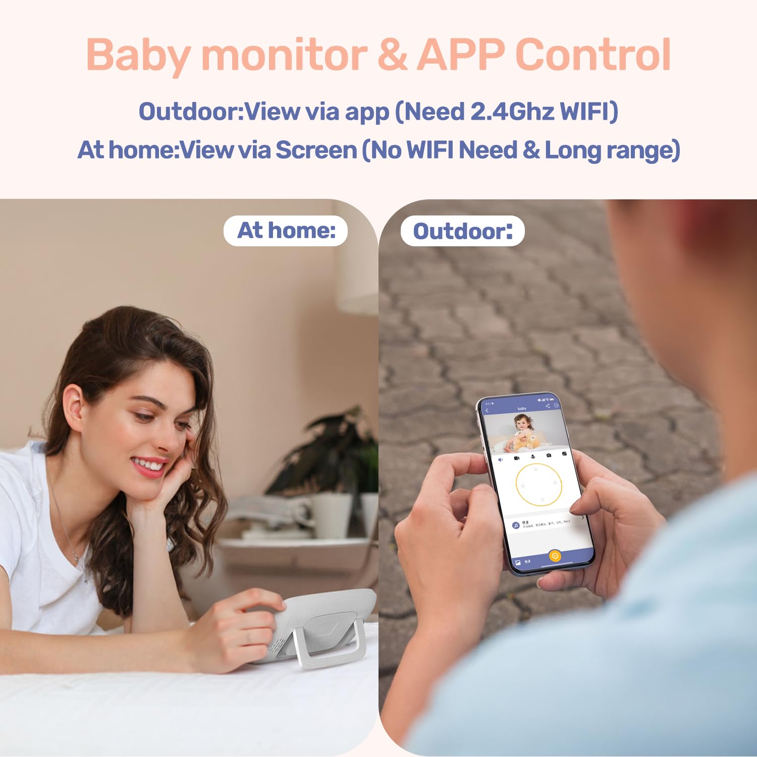 jeeber 816pro Baby Monitor showing dual control via monitor screen at home and smartphone app outdoors