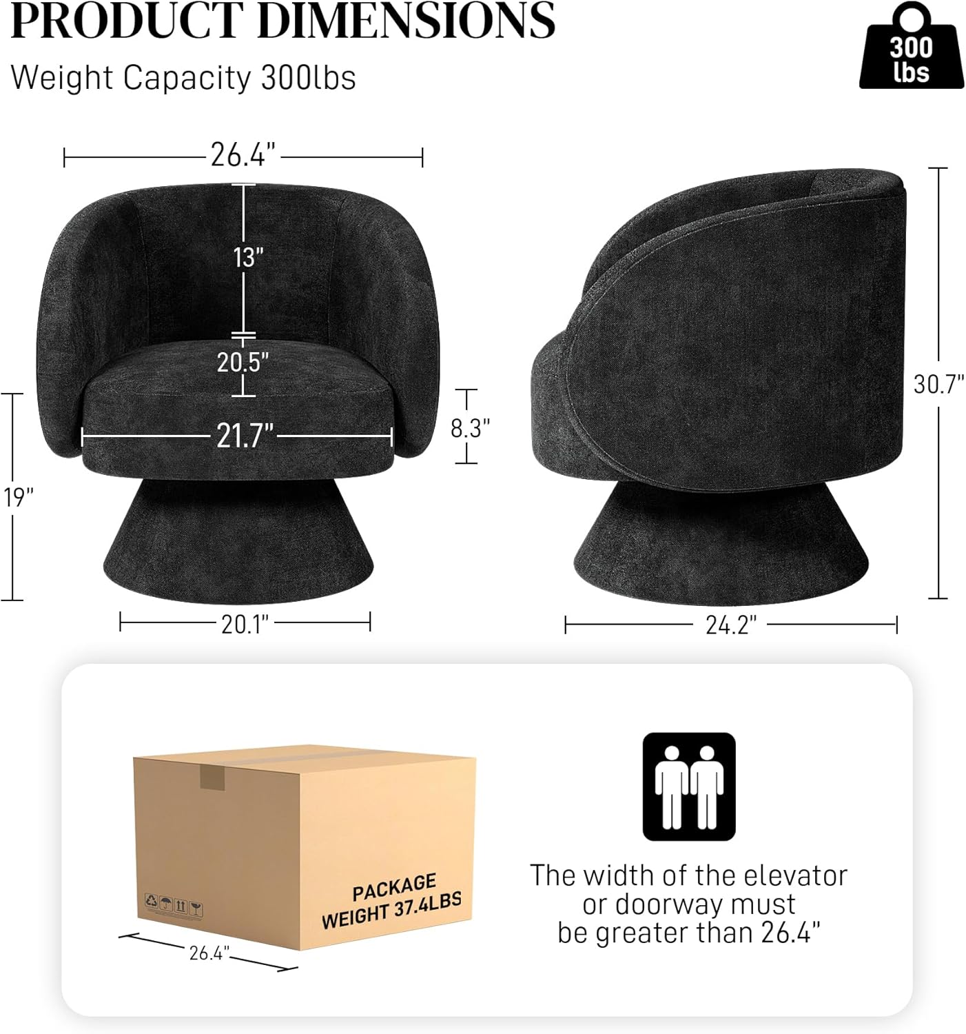 Swivel Barrel Chair, Upholstered Cuddle Accent Swivel Chairs for Living Room, Comfy 360 Degree Modern Small Round Black Swivel Chair for Bedroom Compact Space Office (Black, Linen) 1 Black