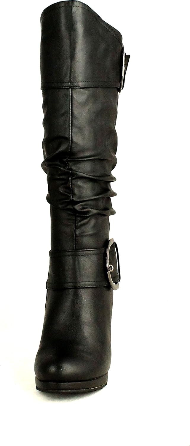 TOP Moda Womens Page-22 Knee High Round Toe Buckle Slouched Low Heel Boots