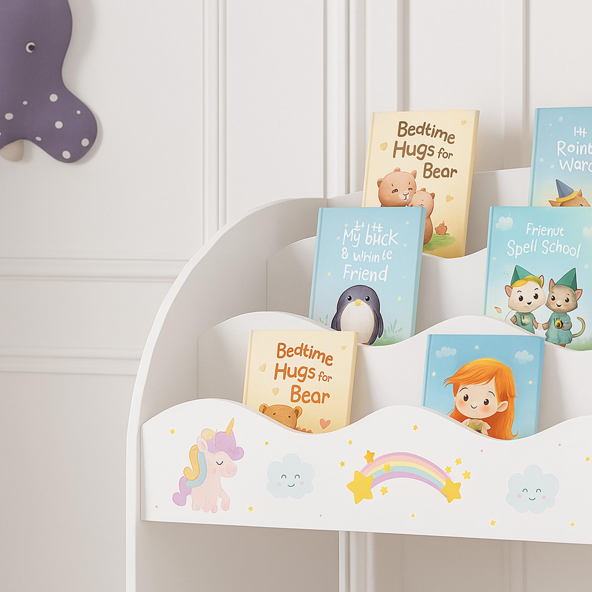 [en.casa] Scaffale per Cameretta con Ripiani 2 Scatole Porta Giochi Contenitori a Scaletta per Bambini Mobile Organizzatore a Misura di Bimbi - Design a Unicorno