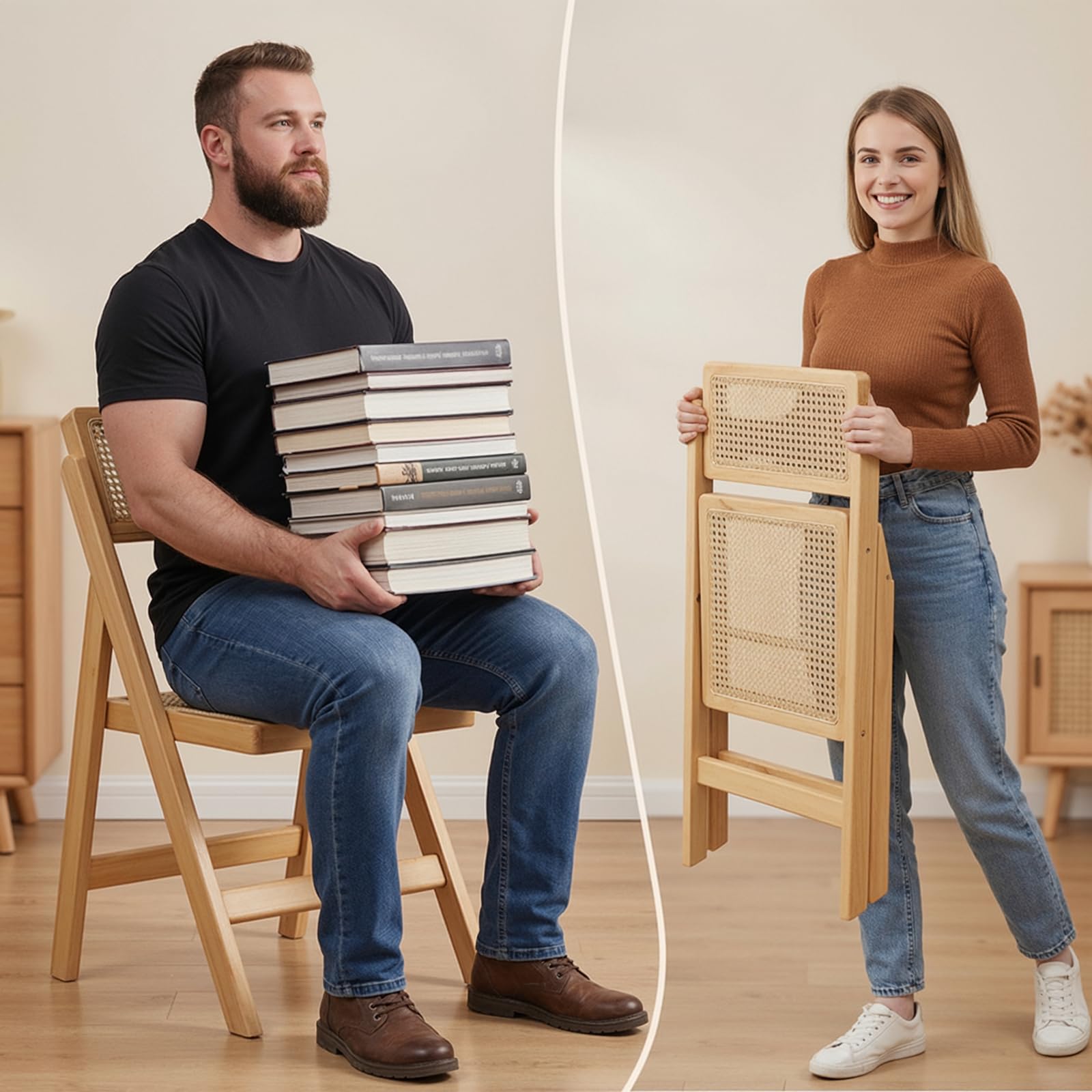 Clevich Sillas Plegables de Madera, Estilo Bohemio, Silla de ratán con Trenzado vienés, Silla de jardín Plegable, Silla Plegable de Madera para Comedor, Silla de ratán, Silla de balcón