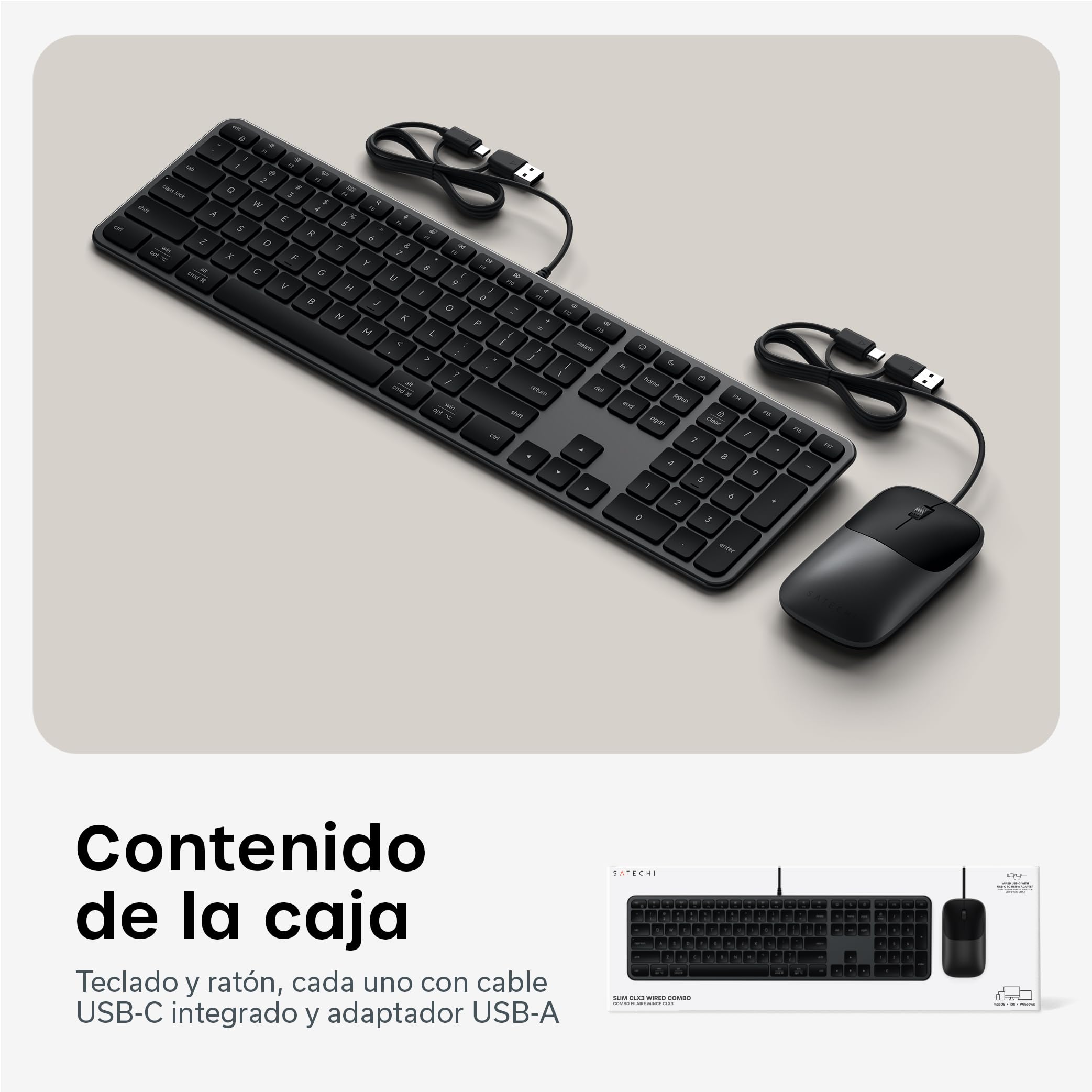SATECHI Teclado y Ratón con Cable Slim CLX3, QWERTY US, Negro Espacial | Distribución Americana, teclado y ratón con cable, USB-C Plug and Play, para Mac, PC Windows y Android