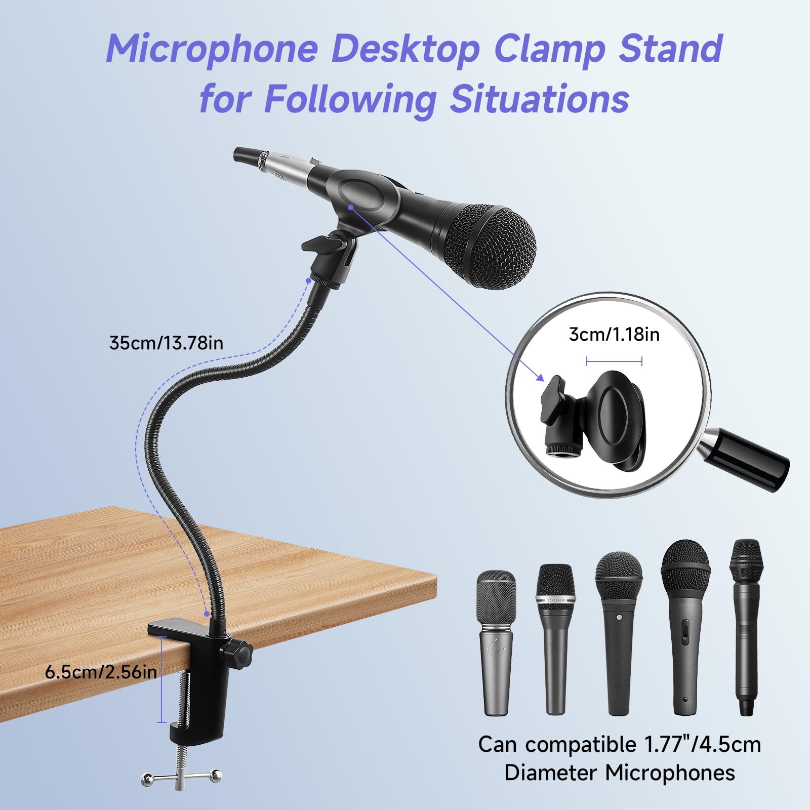 Podium Microphone Holder & Mic Holder -13.78" Flexible Gooseneck Desktop Mic Stands Holder with 0.38" to 0.63" Adapter Clamp for Lectern Podium Podcast Meetings Lectures Pulpit Streaming Gaming Studio
