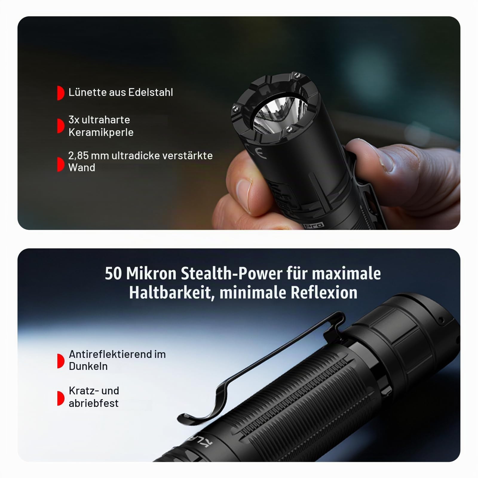 klarus XT2CR PRO Taktische Taschenlampe – 2300 Lumen, 360 m Leuchtweite, reinweiße LED, USB-C-aufladbar, IPX8 wasserdicht, 72,5 Stunden Laufzeit, Doppelschalter am Lampenende