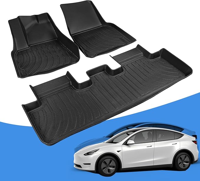 ShowEv für Tesla Model Y Fußmatten TPE Floor Liners 1. & 2. Reihe Allwetterschutz Schwarz