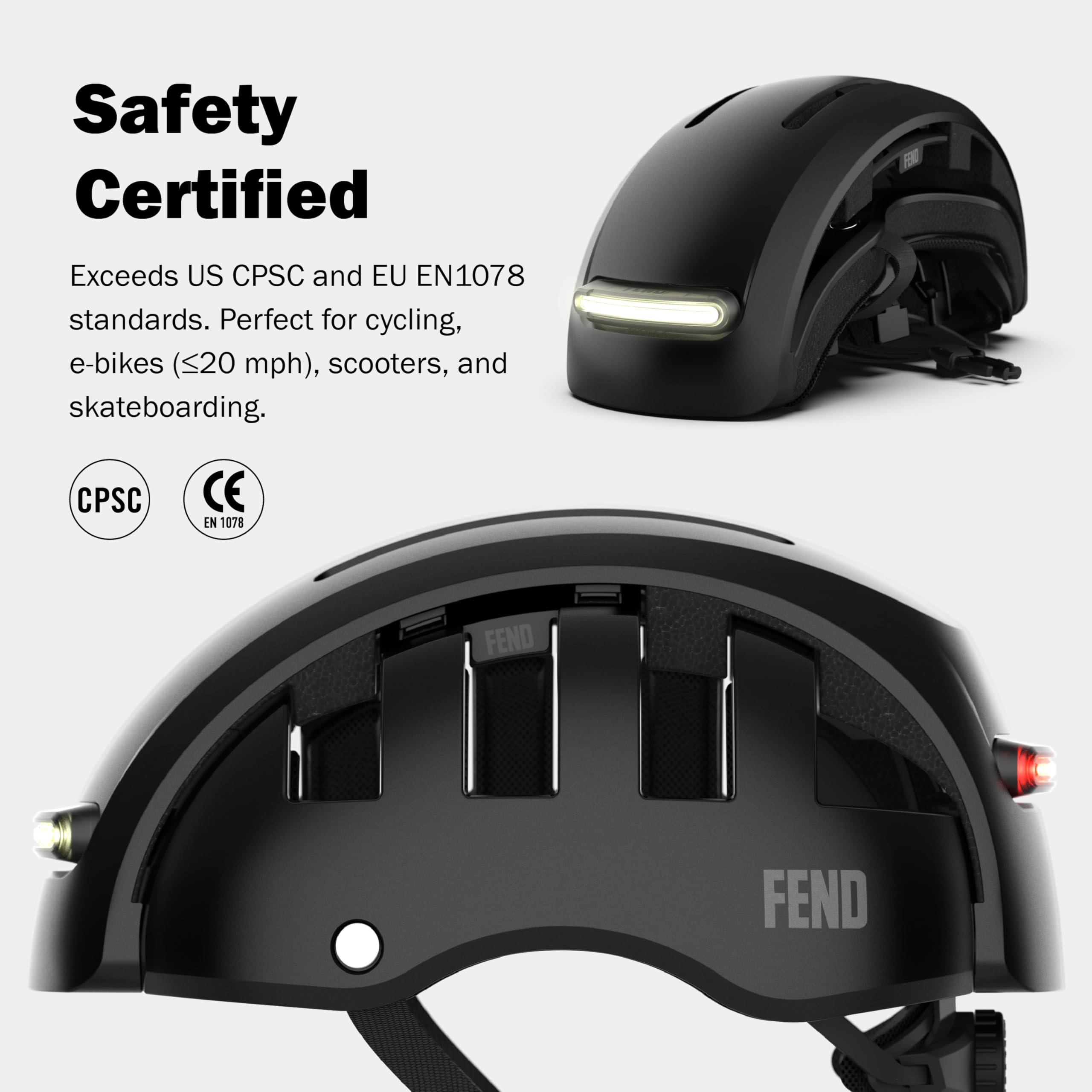 FEND Super Plus - Casco da bicicletta pieghevole con illuminazione, design compatto brevettato Smart-Fold 50%, LED USB-C ultra luminosi anteriori e posteriori, certificato CPSC/EN1078, per adulti