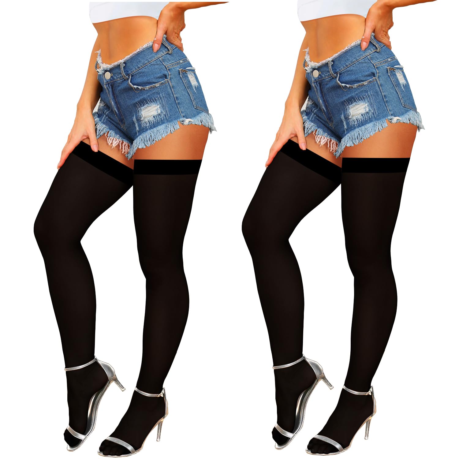 K Bkvava Women's Black 2 Pairs Opaque Over The Knee Highs Thigh High Stockings With Silicone Stay Up Thigh High Socks,