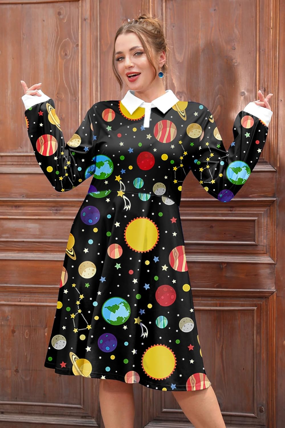 Maisolly Women's Halloween Costume Sets 3 Pcs Plus Size Cute Long Sleeve Dress with Handbag Earrings XL - 4XL - Image 6