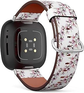 CJBROES Replacement Leather Watch Band, Compatible with Fitbit Versa 3 and Fitbit Sense of Wristband Bracelet Accessory - Pink Magnolia Flowers on twig