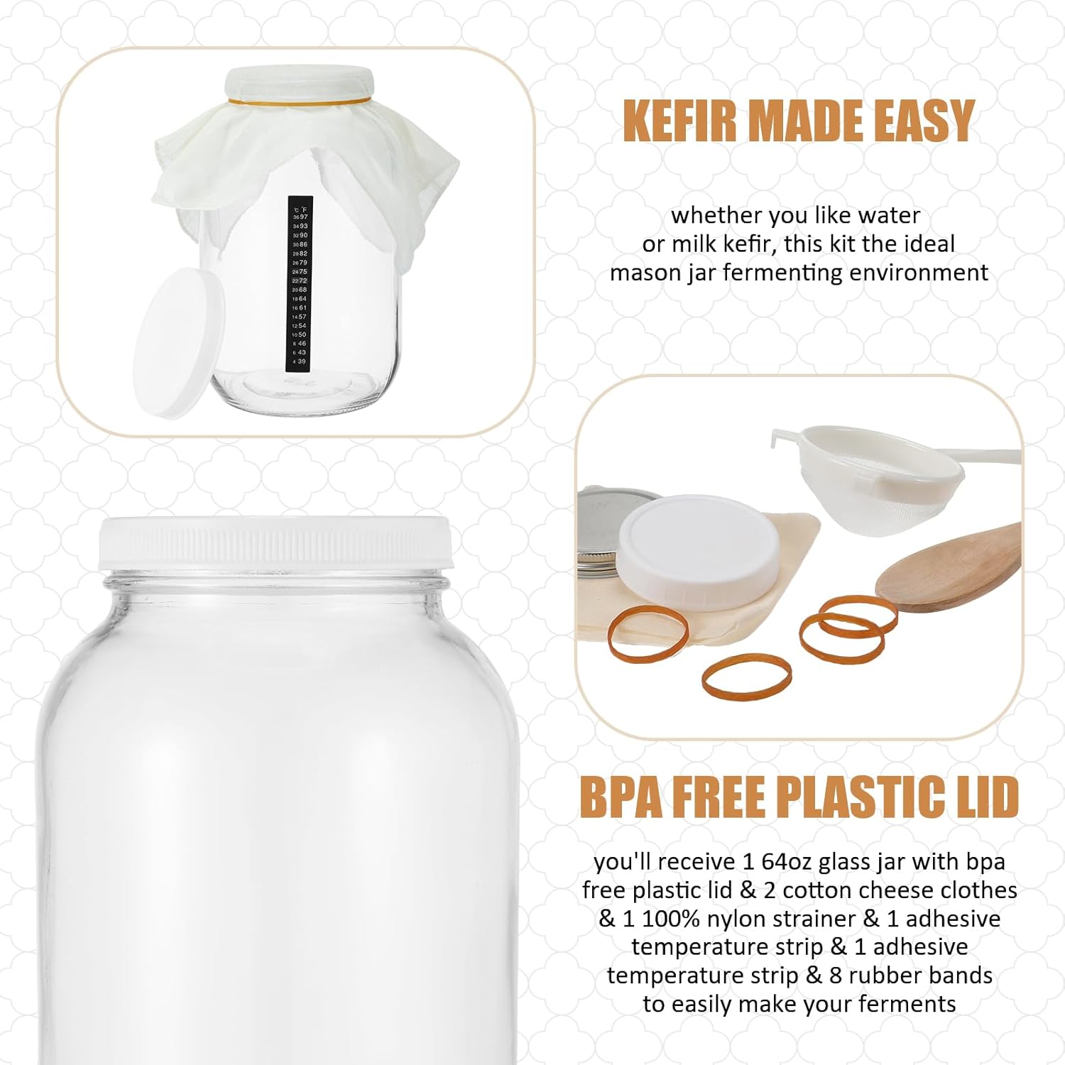 Honeydak 16 Pcs Complete Kefir Starter Kit Kombucha Fermenter Kit Gallon 128oz Mason Jar Wide Mouth with Plastic Storage Lid Nylon Mesh Strainer Cotton Cloth Cover and Wood Spoon