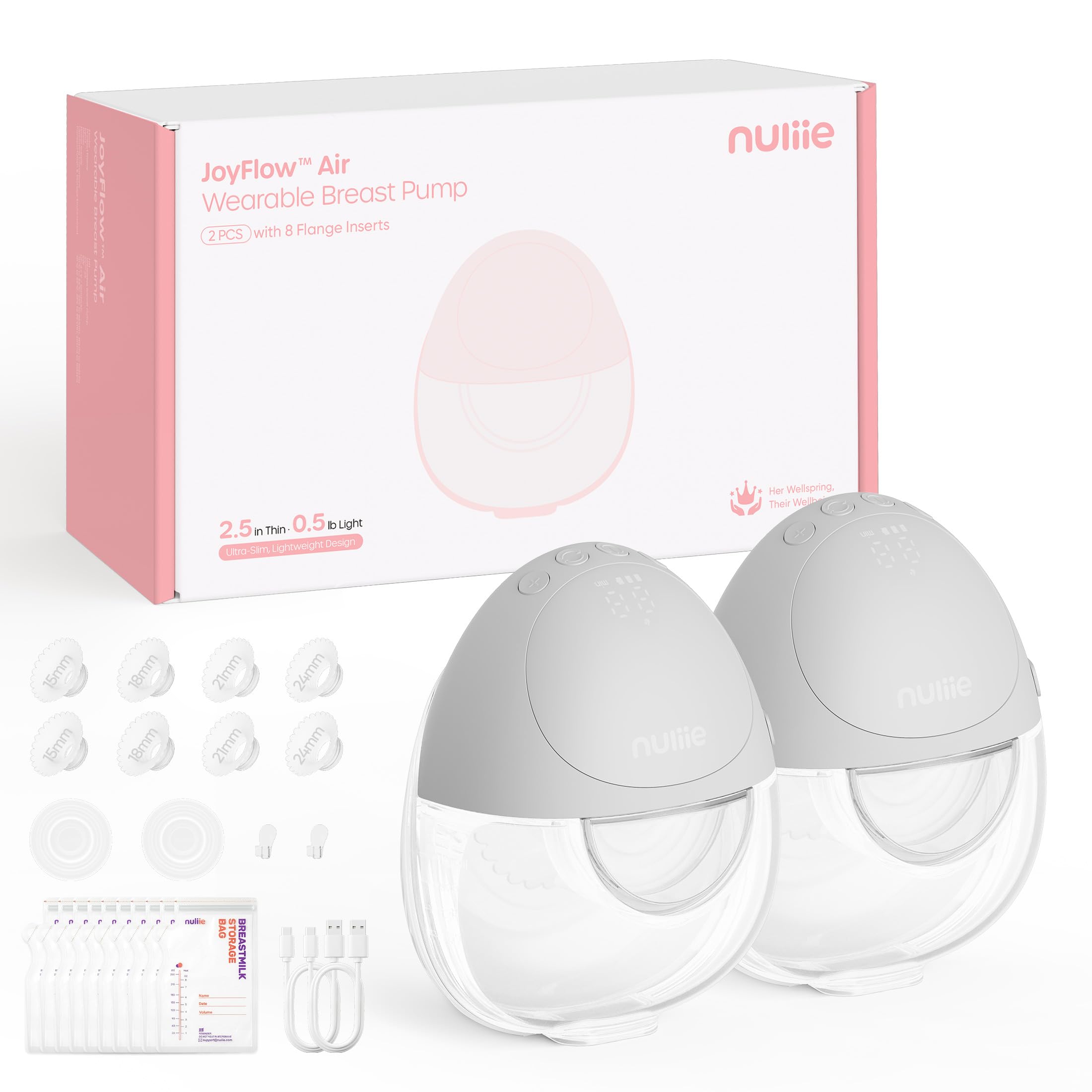 Nuliie JoyFlow Air - Sacaleche eléctrico, extractor de leche portátil manos libres, 3 modos & 12 niveles, silencioso y sin BPA, brida de 27 mm y puntas 15/18/21/24 mm - 2 - Blanco claro