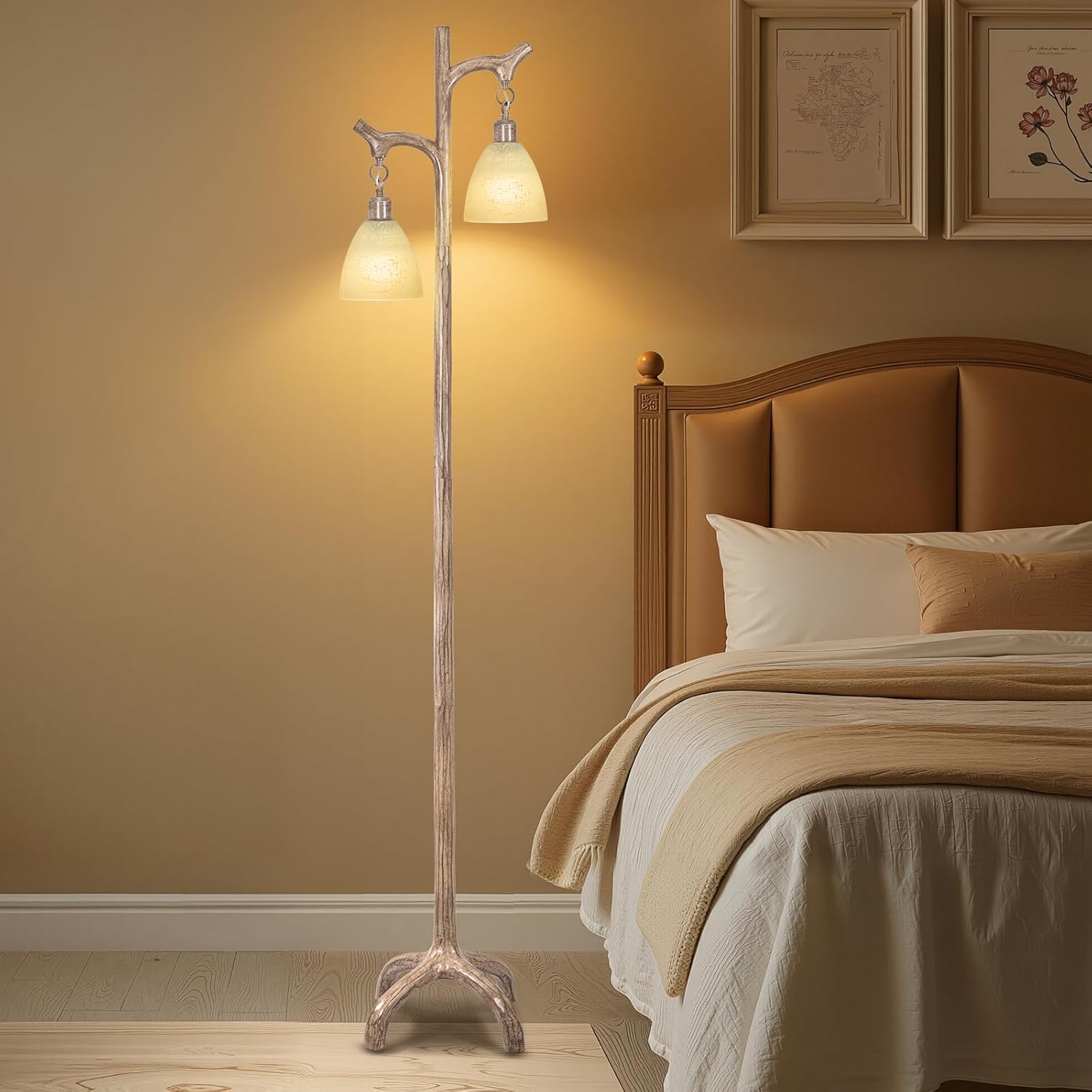 68" Farmhouse Floor Lamp with Glass Shade for Living Room, Vintage Standing Lamp for Bedroom, Rustic Floor Lamp Stepless Dimmable Tree Trunk Tall Lamp for Home Room Office Decor (Bulb Included)