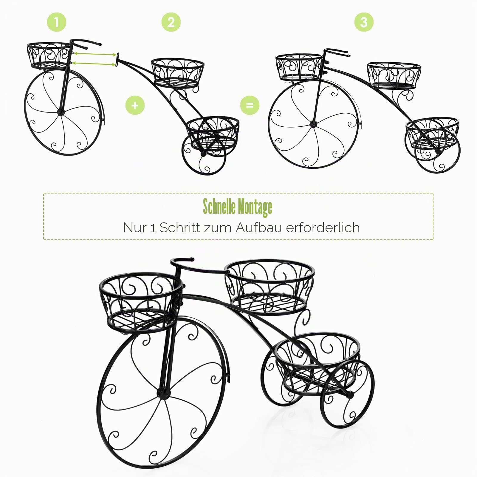 HOMASIS Blumenständer im Fahrradform, Blumentreppe Metall Pflanzenständer mit 3 Ebenen, Pflanzentreppe Vintage-Stil für Garten, Balkon, Büro, Blumenregal Pflanzregal 80x25x52cm (Schwarz)