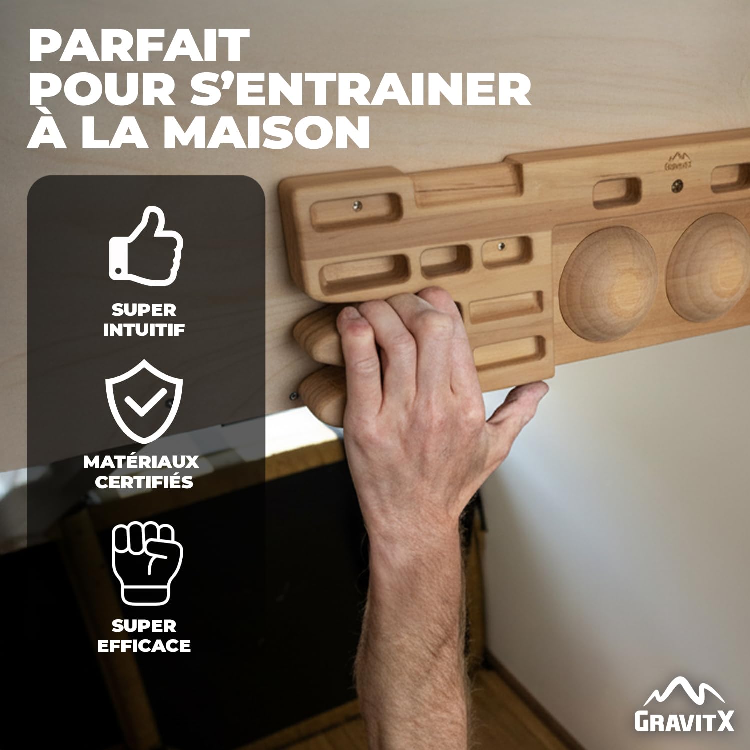 GravitX – Planche d’Escalade en Bois 65 cm – Fingerboard d’Entraînement avec Multiprises 18 à 45 mm – Accroche Murale avec Crochet de Sécurité et Plaques de Caoutchouc