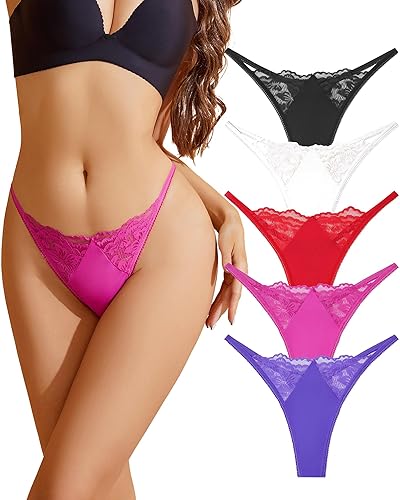 PEASLIM Lace Thongs for Women Thong Underwear G Strings for Women Sexy Thongs for Women Pack Panties 5 S-XL - Large - Multicolor