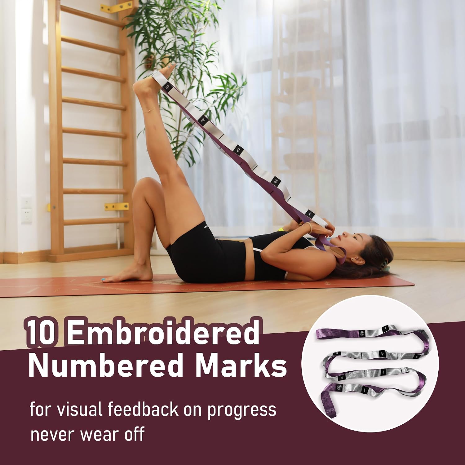 Stretch Bands for Exercise, Non Elastic Yoga Stretching Strap with Loops, 3.8cm x 2.45m, Stretching Bands for Physical Therapy, Yoga, Pilates, Dance, Gymnastics Exercise