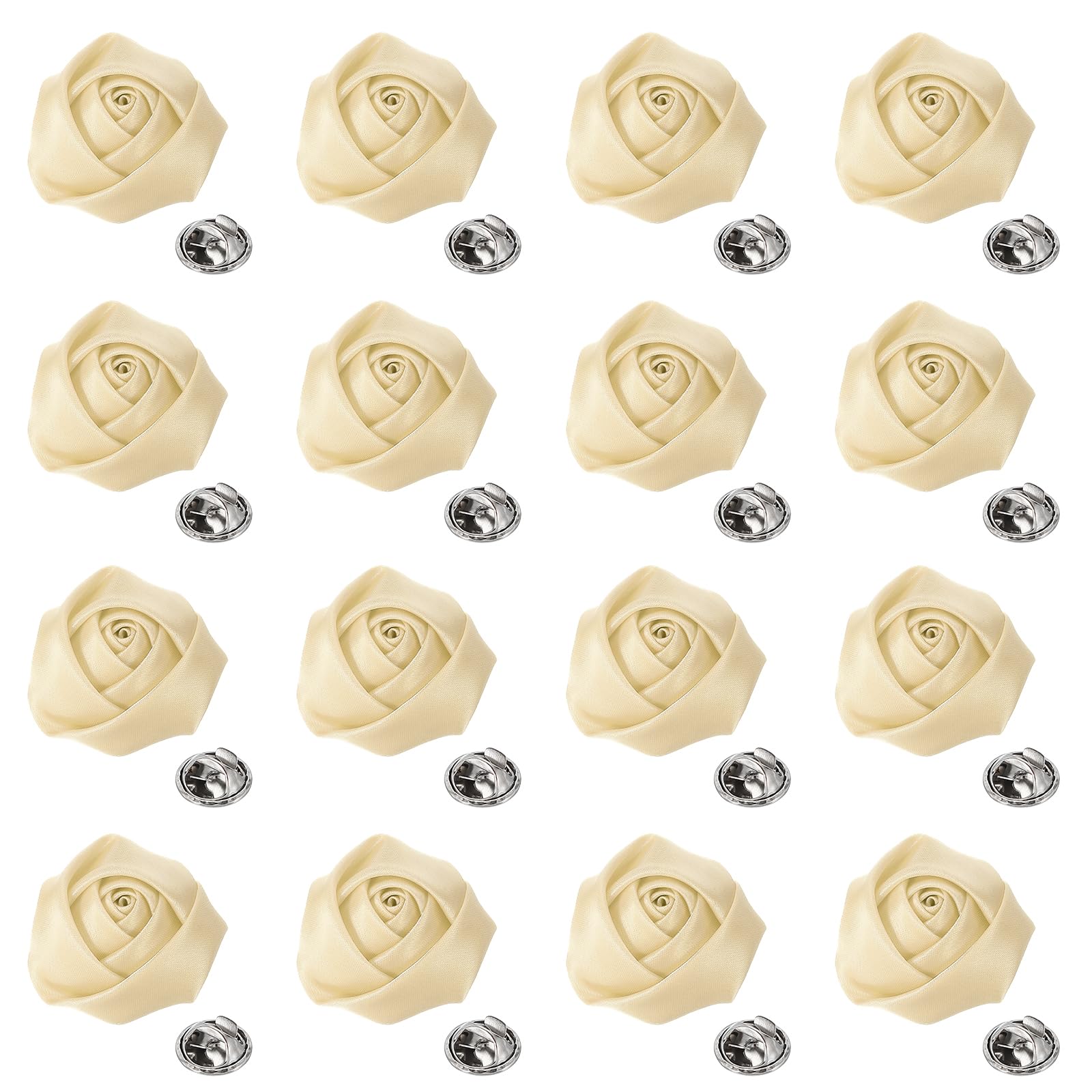 QUARKZMAN 16 Pcs Fleurs de Revers pour Hommes Costumes, Broche de Revers de 2 Pouces en Satin Rose Artificielle pour Hommes Boutonnières de Cérémonie de Mariage Fête Bal, Beige