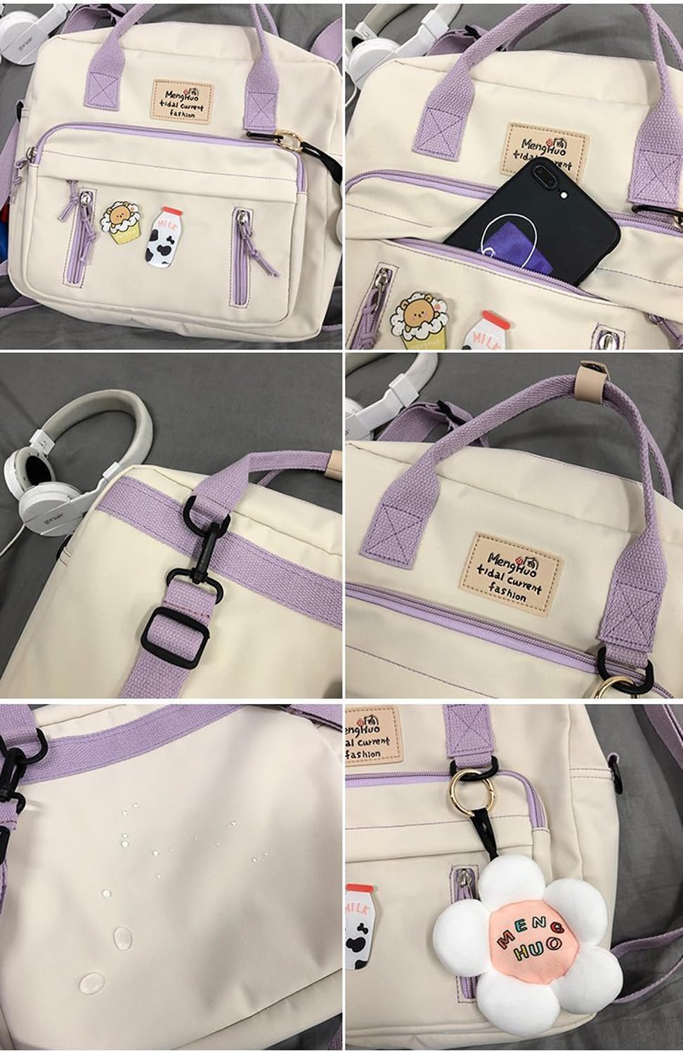 jupkem Cute Kawaii Canvas Backpack with Flower Charm Beige with Purple Handles Casual Daypack Tote Bag Handbag with Patches (White)