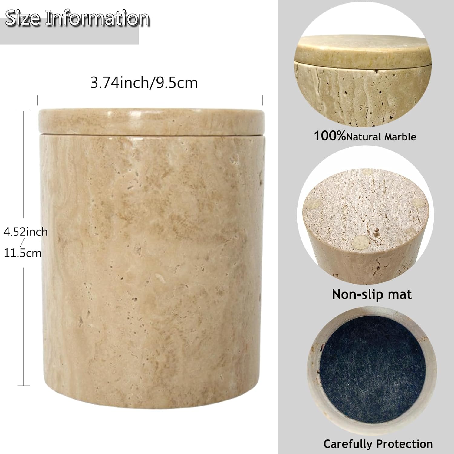 Qtip Holder Cotton Swab Holder with Easy-Lift Lid, 4.55" Tall Natural Travertine Bathroom Canister, Large Makeup Organizer for Floss Picks & Cotton Rounds, Beige Marble Stone Home Decor Storage Jar