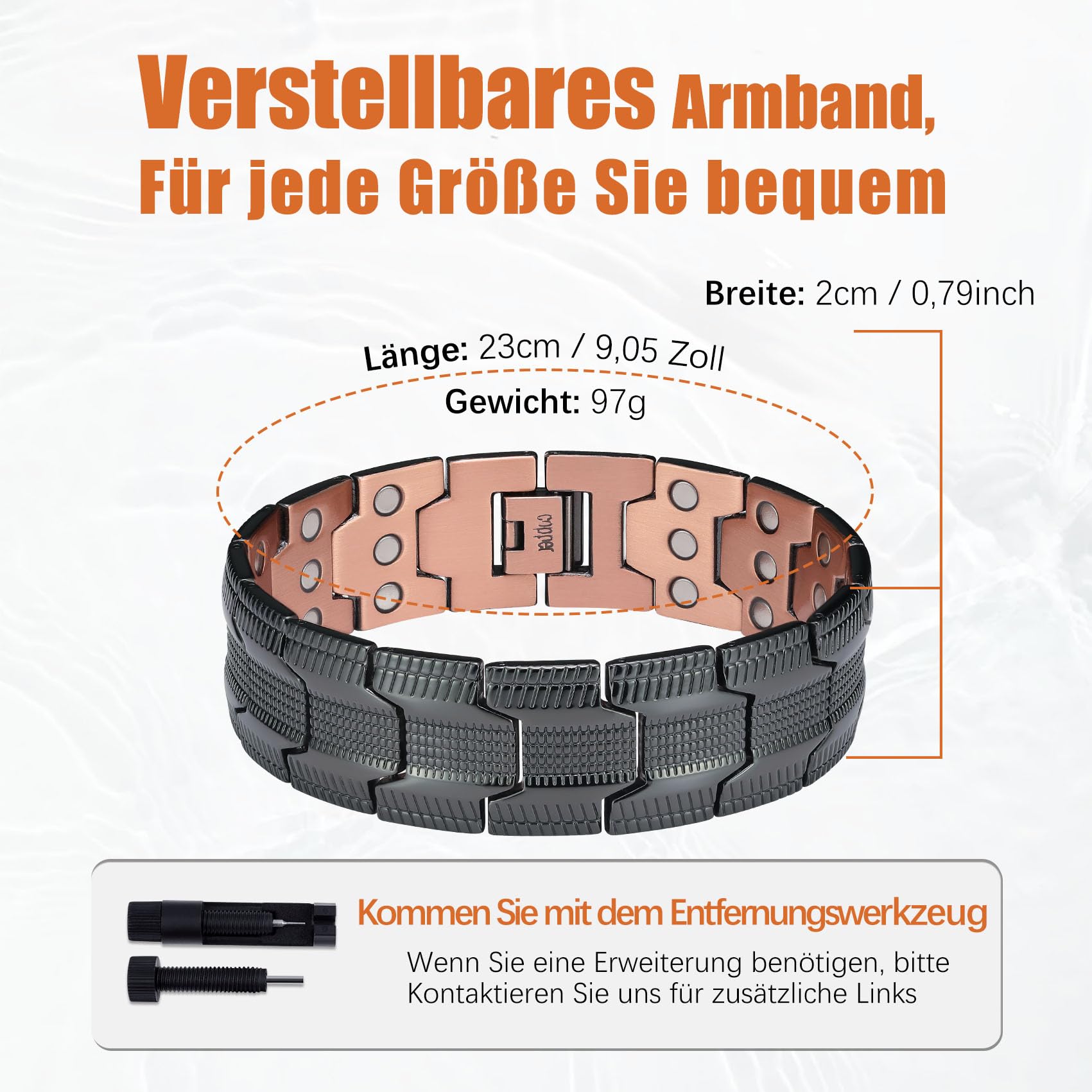 Jecanori Bracelet magnétique en cuivre pour homme, 3 rangées magnétiques réglables pour homme, bracelet en cuivre 3500 gauss aimants, anneaux et boîtes cadeaux (noir), 22 cm, Cuivre