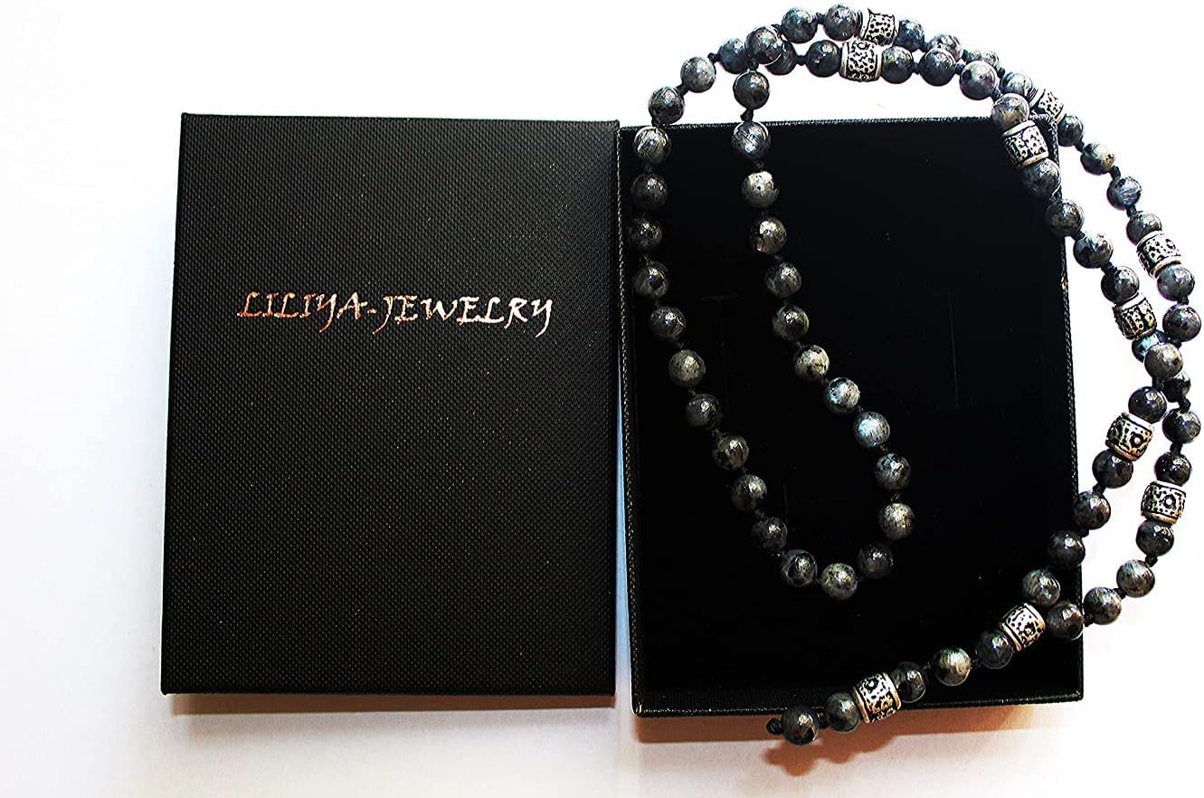 Liliya Jewelry Men’s Labradorite Necklace - 26 Inch Grey Gemstone Beaded Mala - Tibetan Silver Spacers - Boho Surfer Tribal Style - Spiritual Protection Gift for Him - Image 7