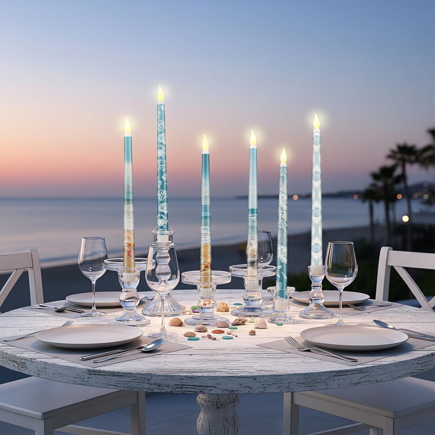 Riakrum 6 Pcs Summer Beach Tapered Candles Flameless Ocean Coastal Seashell Flameless Teal Starfish LED Battery Candles Coastal Wax with Blue Patterns for Indoor Home Table Centerpieces Decor Gift