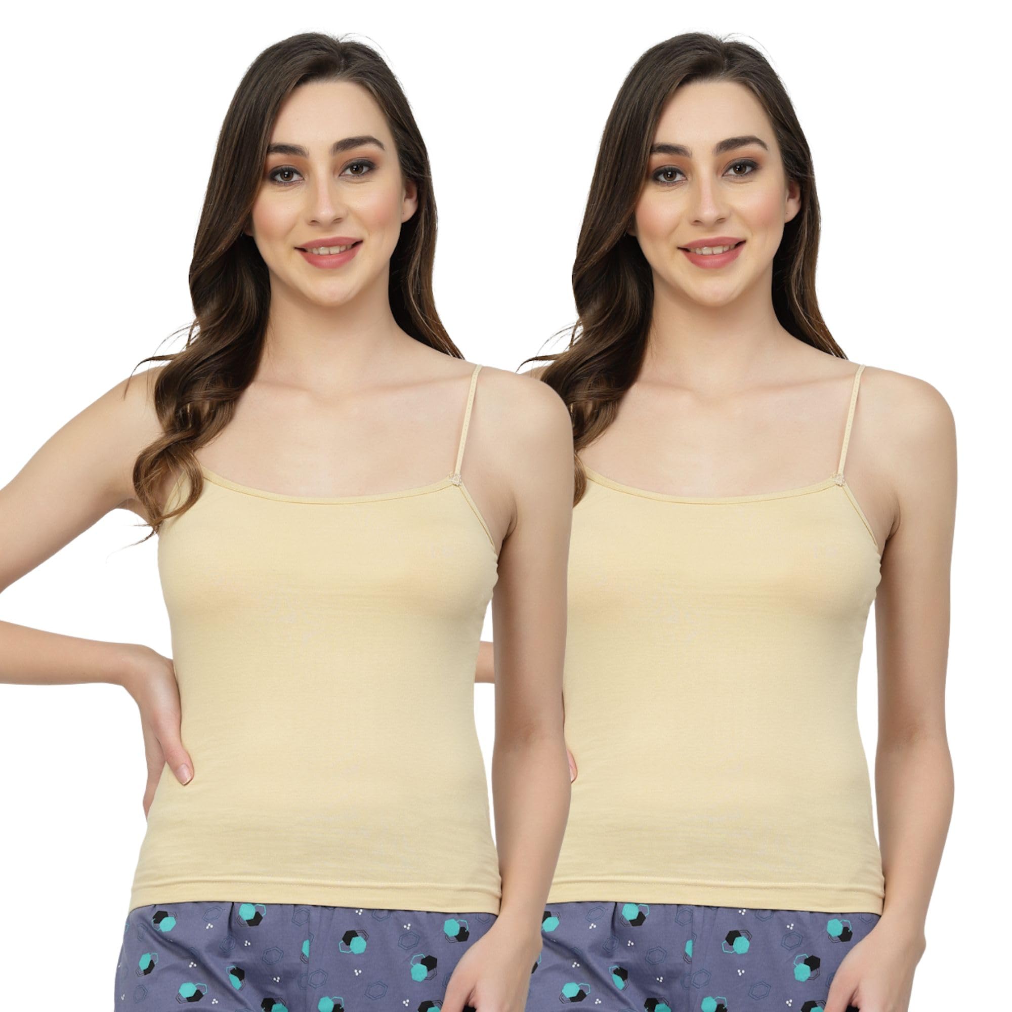 Women's Regular Fit Cotton Innerwear Camisole Slip Pack of 2 Square-Neck/Non-Adjustable Straps/Weist-Length Spaghetti-image-49