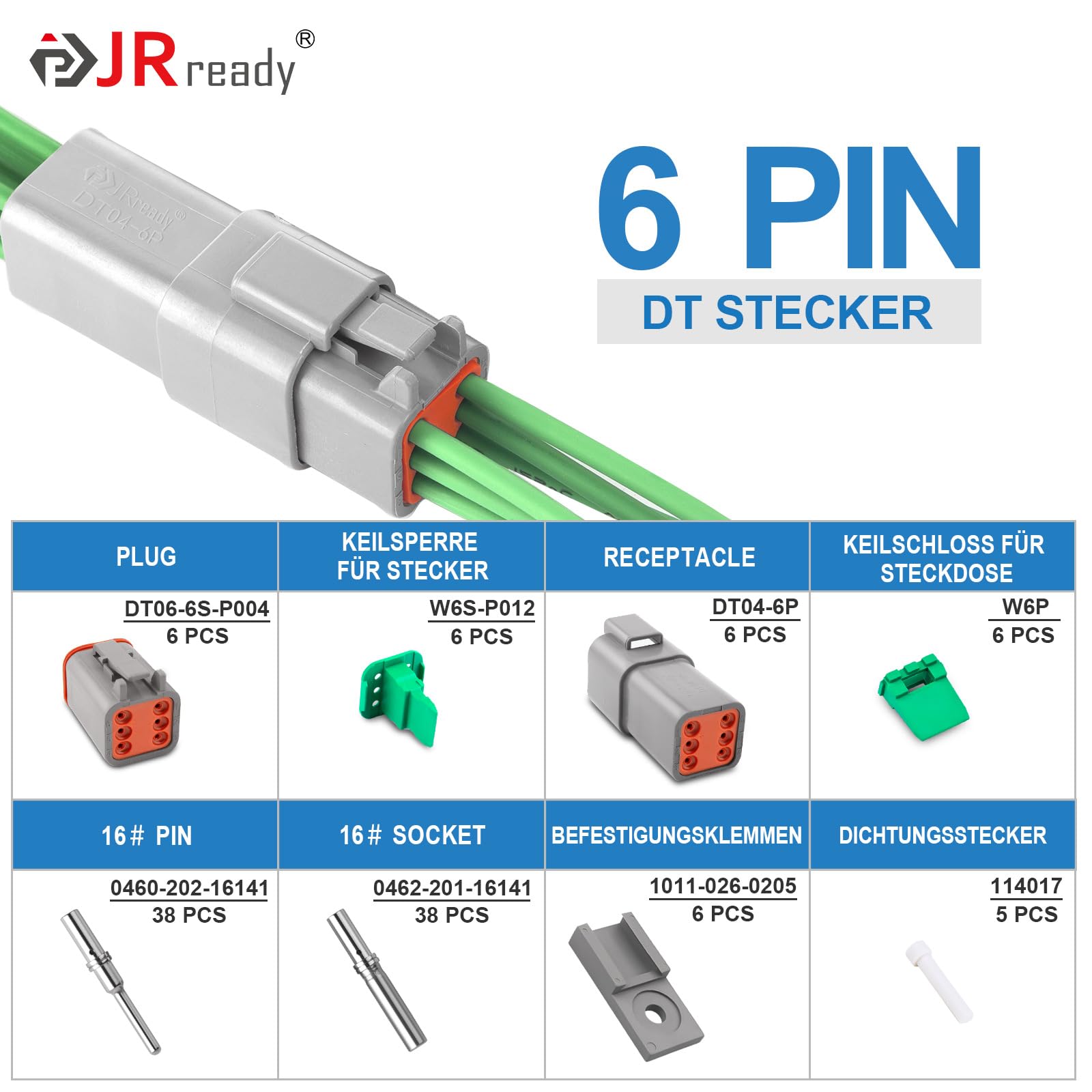 JRready Connettore Deutsch a 6 Poli Grigio IP68 Impermeabile Connettore DT Kit 6 Set con Kit di Terminali Deutsch, Calibro di Filo 16-20 AWG Per Auto, Moto, Camion, Barche