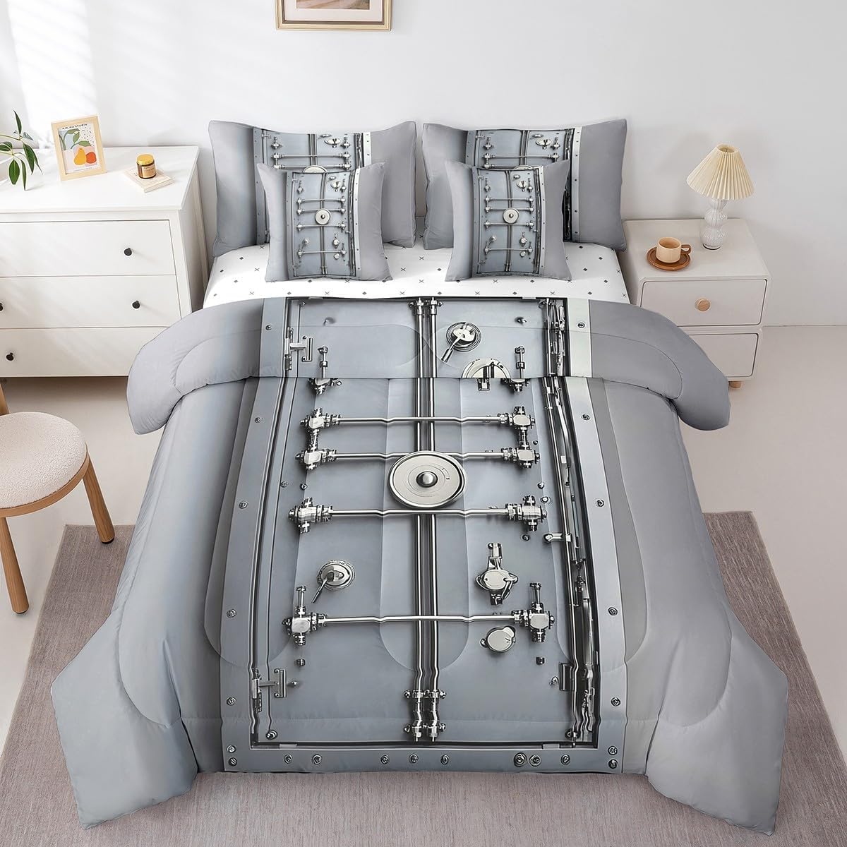 Feelyou Vault Door Comforter Set with Sheets Queen Size Kids Metal Door 7 Pieces Bedding Set for Boys Girls Teens Doorways Wall Aesthetic Bed in a Bag Breathable Modern Grey Bed Set