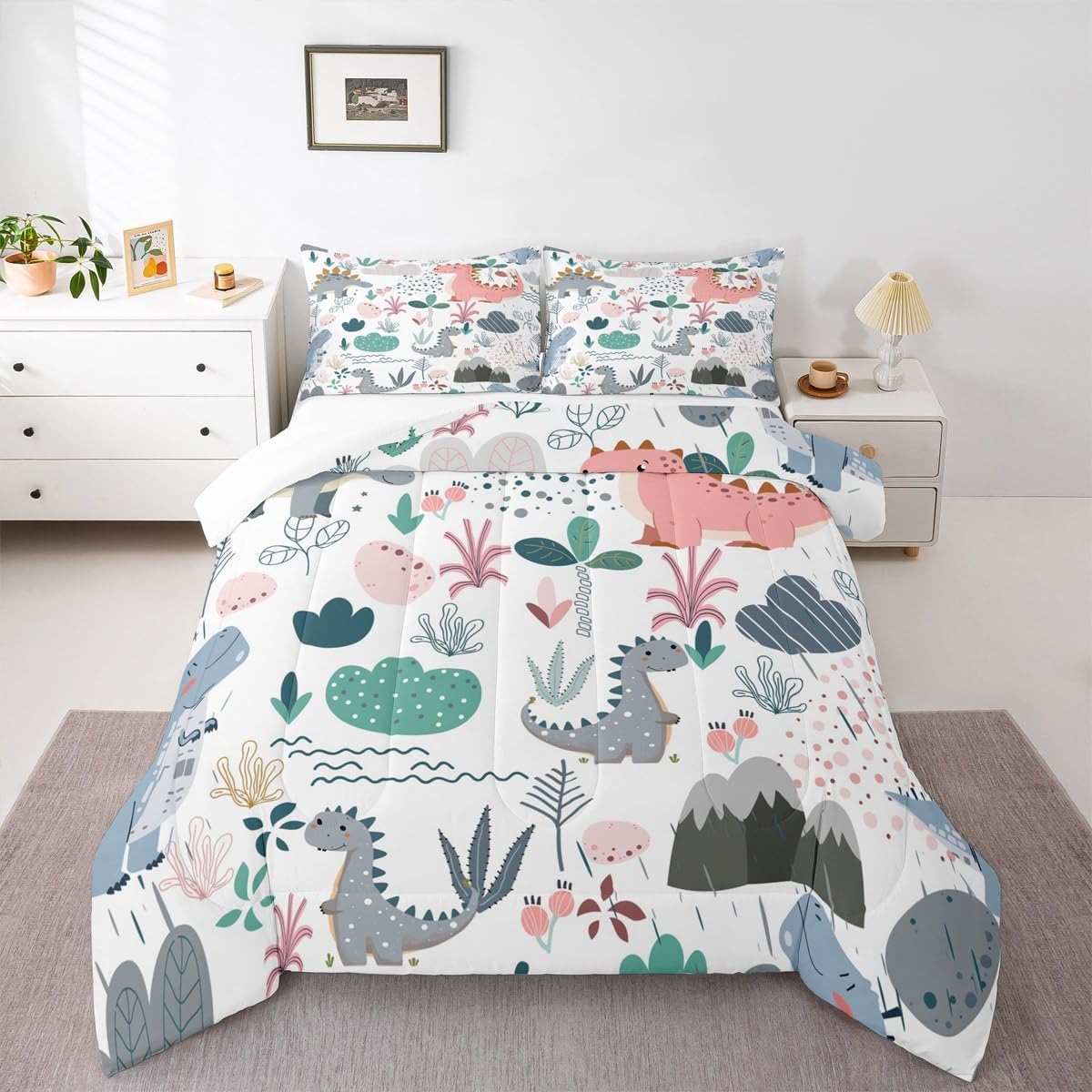 Feelyou Dino Comforter Set Twin, Cartoon Dinosaur Comforter Set Jungle Animal Comforter Kids Toddler Pink Gray Dinosaur Duvet Set with 1 Pillow Case
