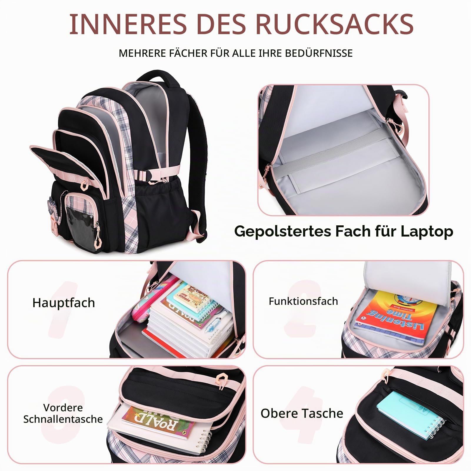 Amythe Schulrucksack Mädchen Rucksack Kinder Ergonomisch, Schwarz Rosa | Leichter Schultasche für Mädchen 8-12 Jahre, Lässiger Ranzen Teenager für die Schule Reisen, 22 Liter