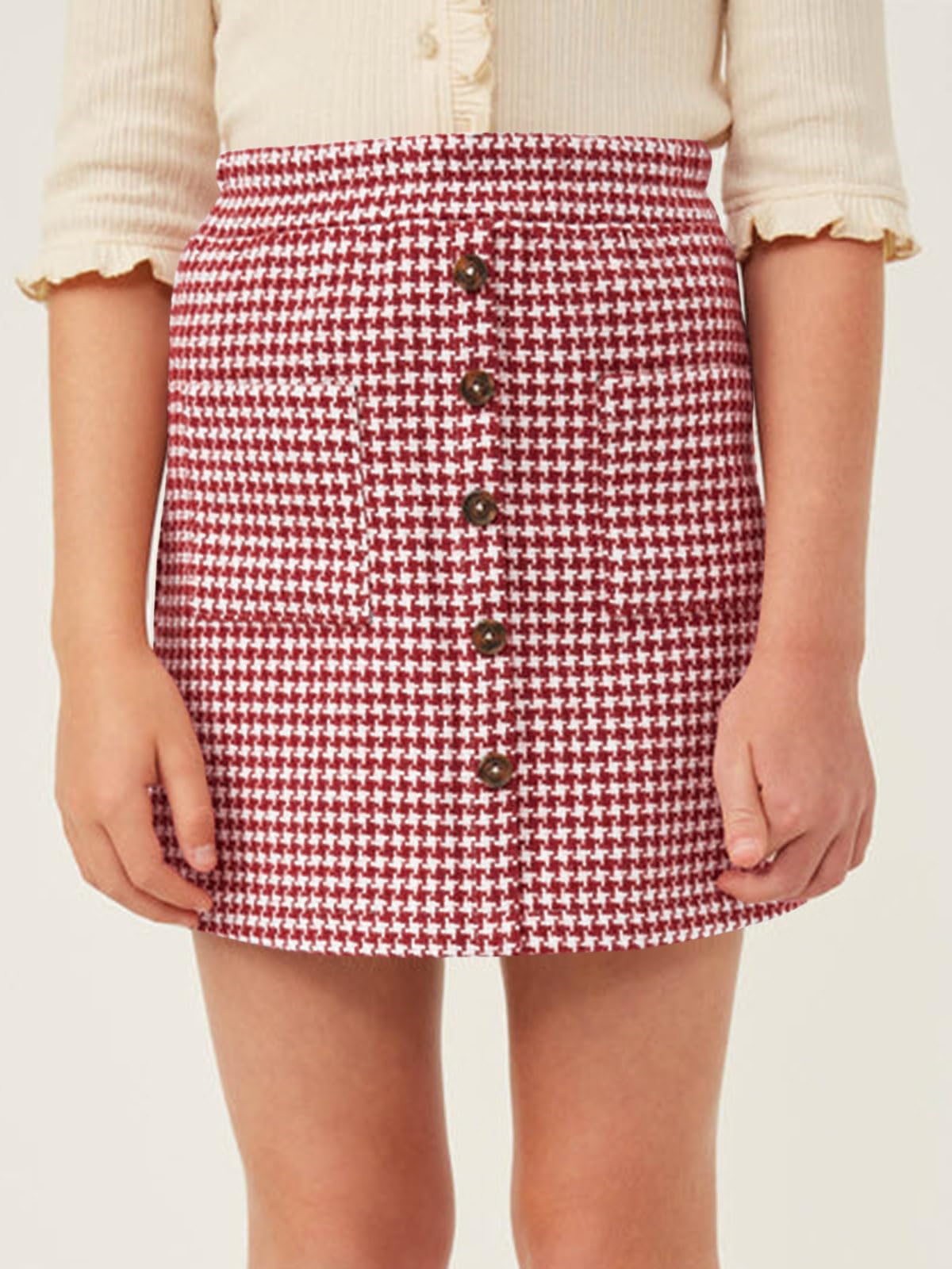 Haloumoning Minifalda para niñas de 5 a 14 años con botones | Bolsillo frontal, botones, tweed, faldas a cuadros para niñas