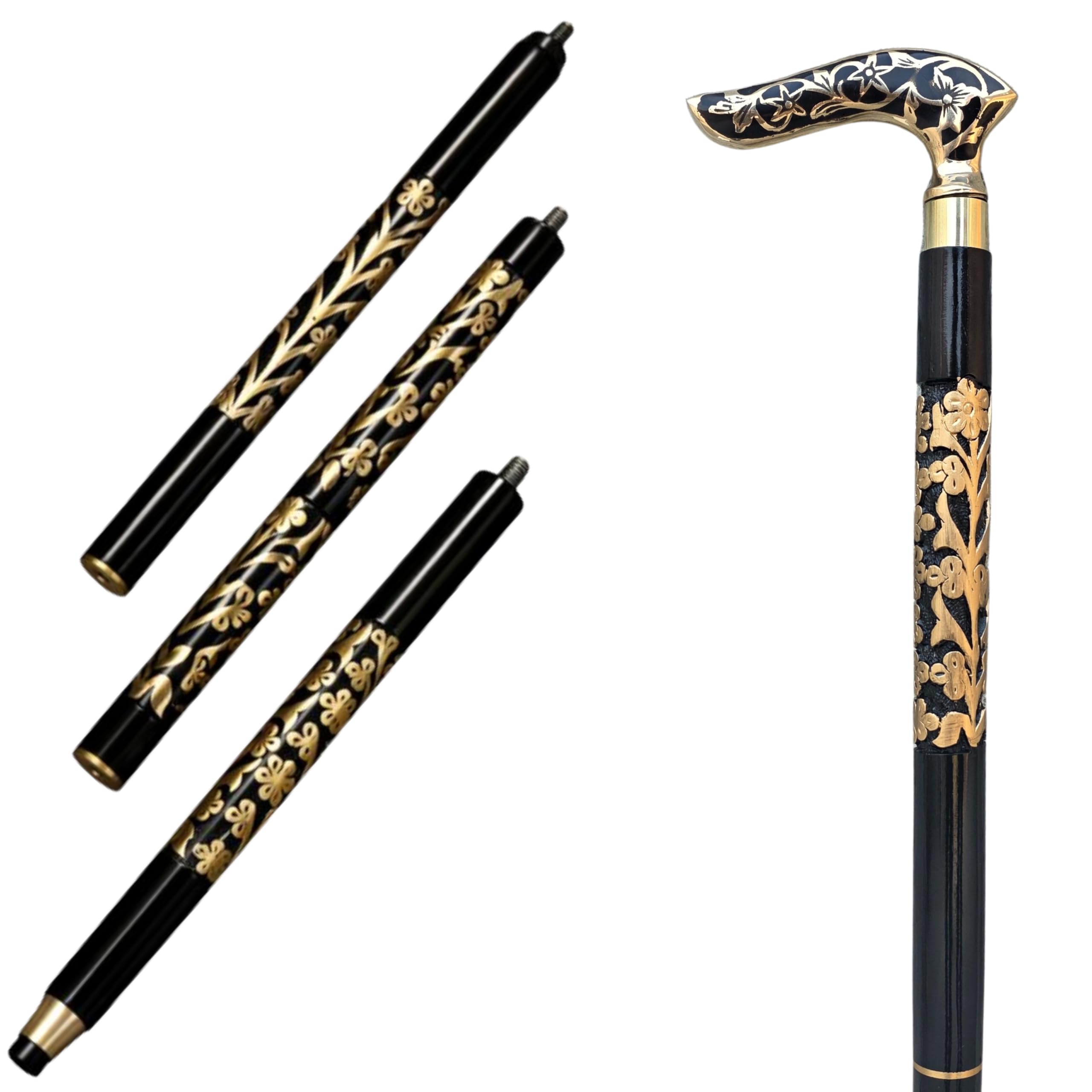 Gehstock im viktorianischen Stil, 91,4 cm, faltbarer 3-teiliger schwarzer Stock mit floralem Gravur, Messinggriff, antikes Gold-Finish