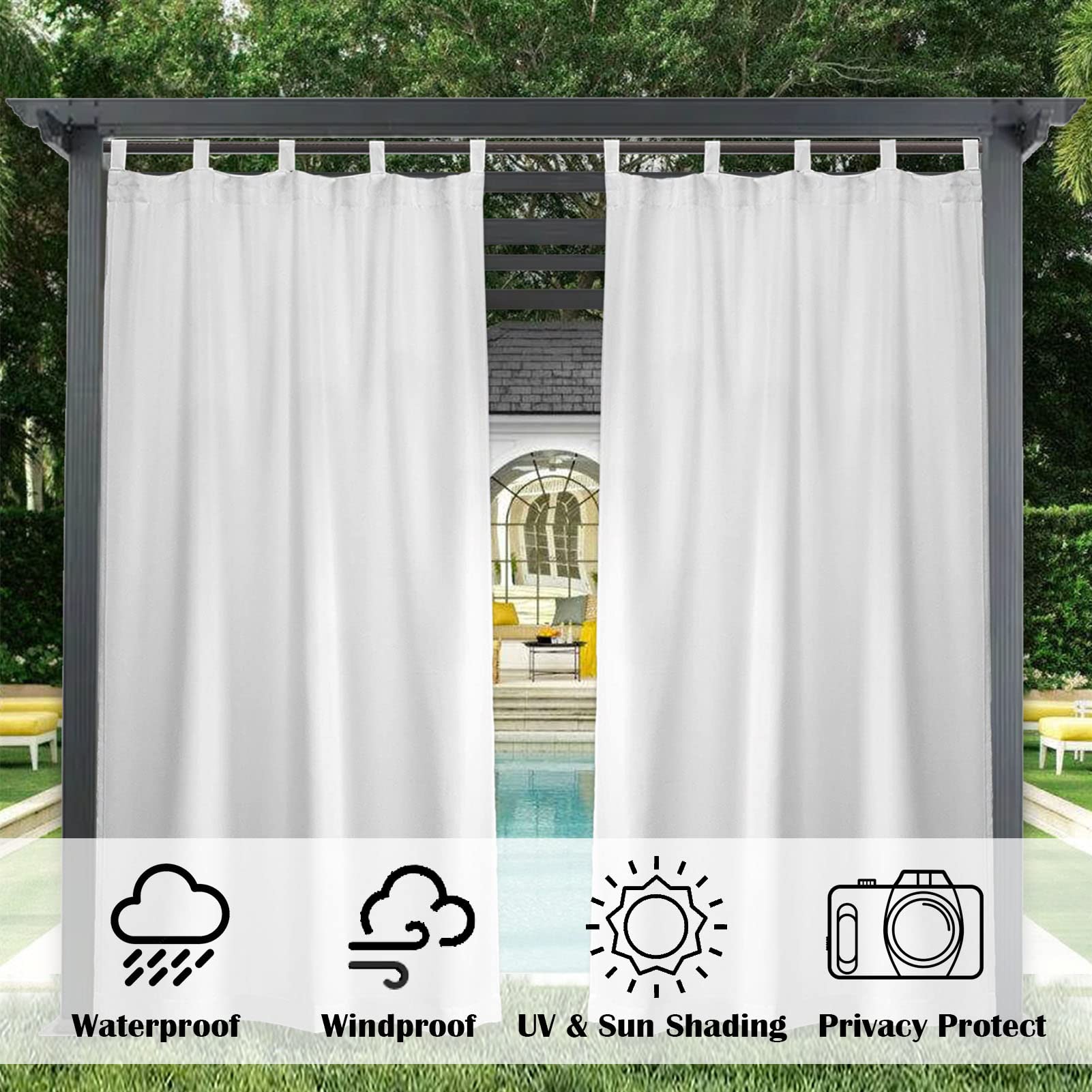 SK Studio Outdoor Vorhang Wasserdicht Terrasse Vorhänge mit Abnehmbaren Schlaufen Sonnenschutz Sichtschutz für Balkon Terrasse Garten Pavillon Strandhaus, 1 Stück Weiss, 132x274cm