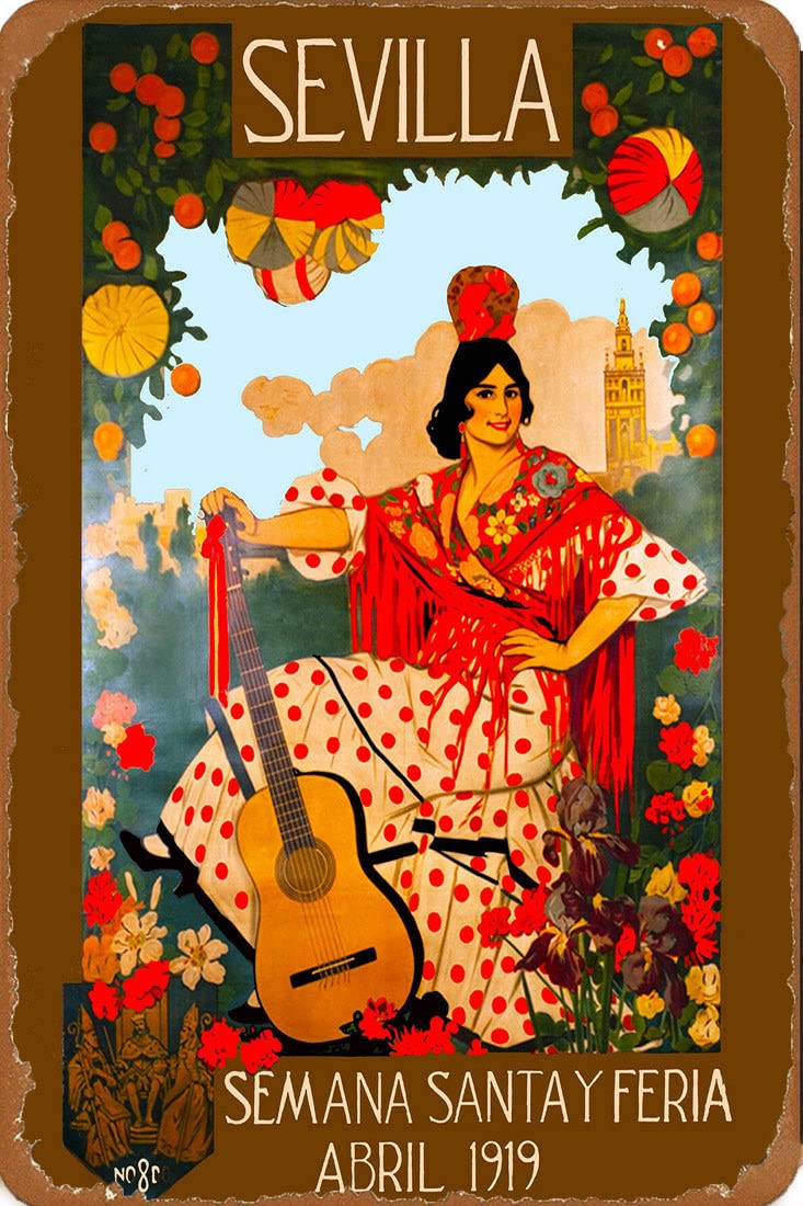 Ablertrade Retro Metal Tin Signs 1919 Sevilla Seville Spain Europe European Vintage Travel Advertisement Print For Home Wall Man Cave Bar Cafe House Decor 20X30cm