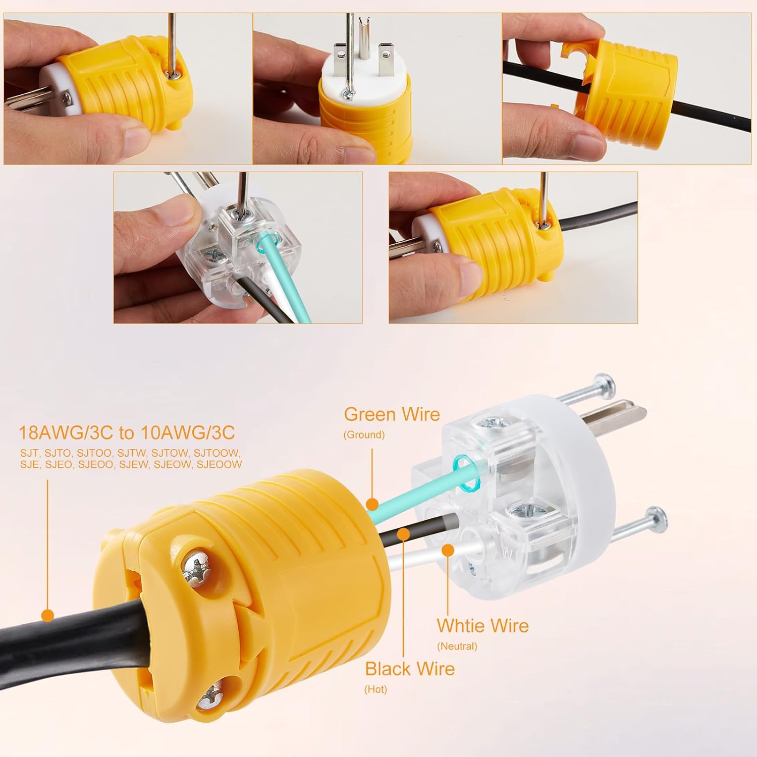 6-15P Replacement Plug and 6-15R Replacement Connector 5 Set, 15 Amp 250 Volt Extension Cord Ends, 2 Pole, 3 Wire Grounding, Industrial Grade, Heavy Duty, ETL Listed