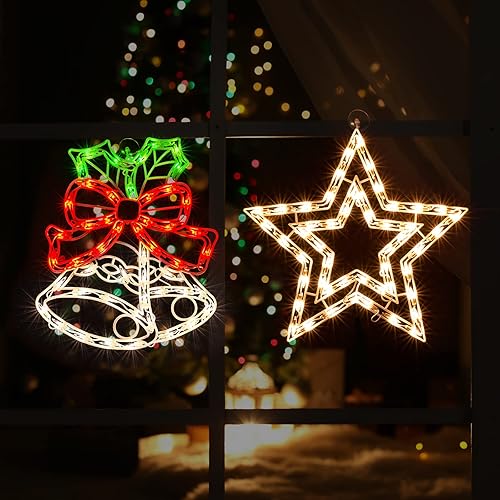 Miniatura 2 de Campana iluminada y estrella de Navidad, silueta de ventana, decoración de luces de Navidad para Navidad, fiesta, hogar, patio, césped, jardín..