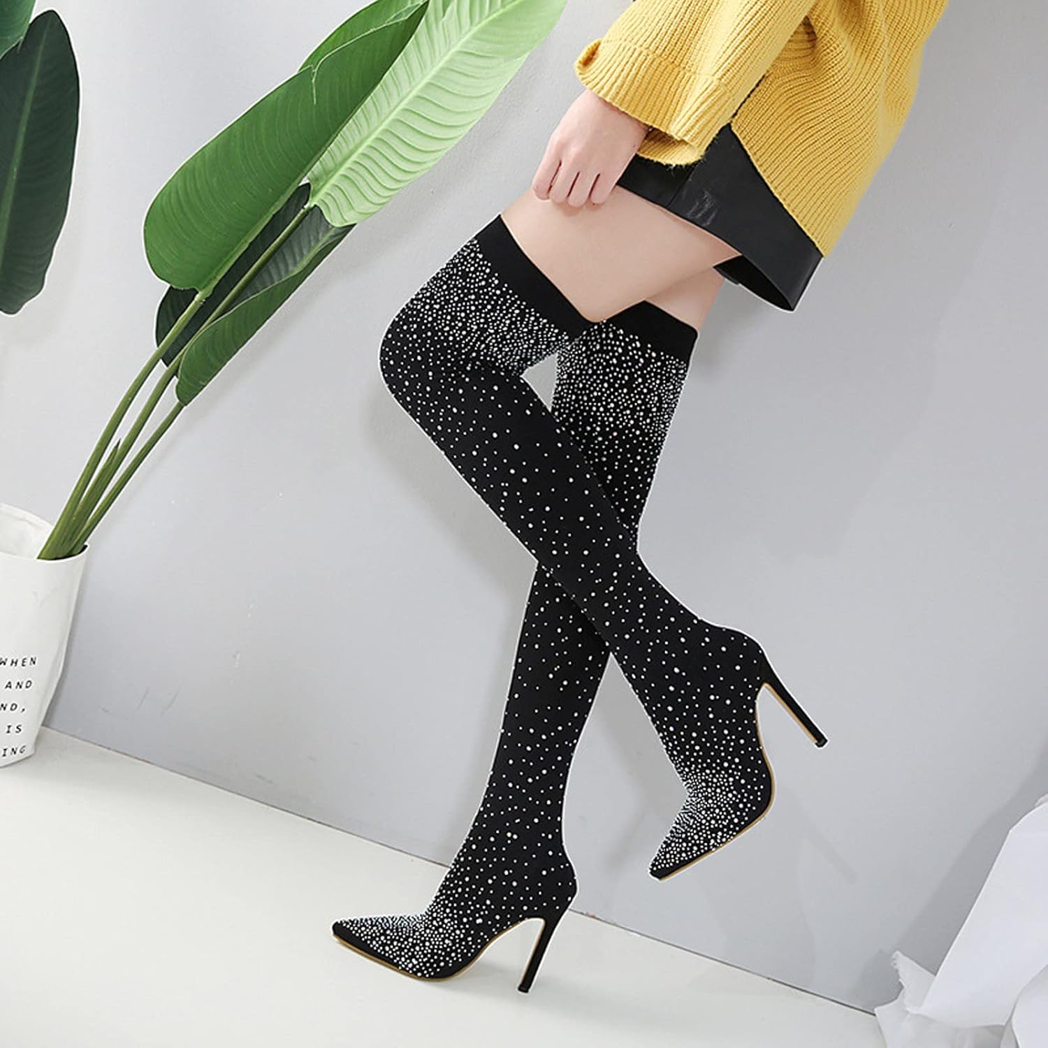 Rhinestone Thigh High Boots for Women Over The Knee Stiletto Heel Dress Boot Sexy Stretchy Long Boots